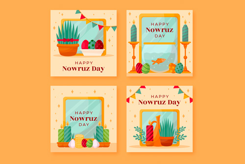 وکتور لایه باز EPS و Ai قالب پست اینستاگرام هفت سین شامل ماهی و تخم مرغ رنگی و سبزه و آینه و سیر و سکه و سرکه ویژه عید نوروز 